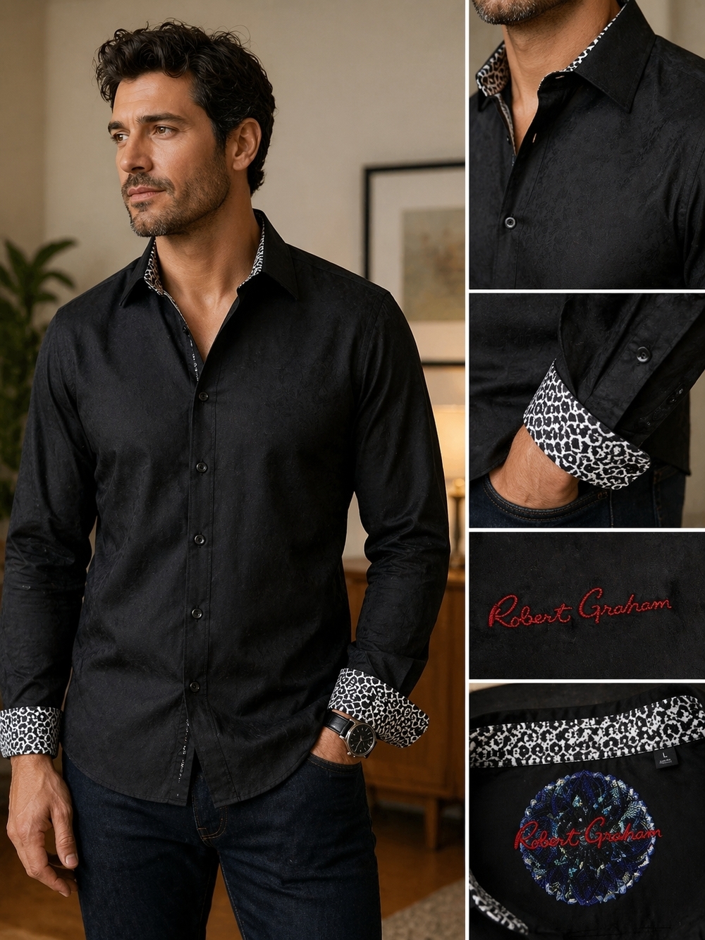 Robert Graham Men’s Button-Up Shirt Black Jacquard Flip Cuff Collector Size L/XL